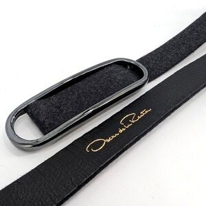 Oscar de la Renta Black Leather Wool Felt Slim Belt Gunmetal Buckle USA Large